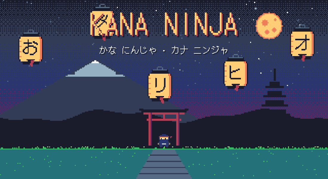 Kana Ninja title screen: a pixel ninja under lantern ghosts marked with kana